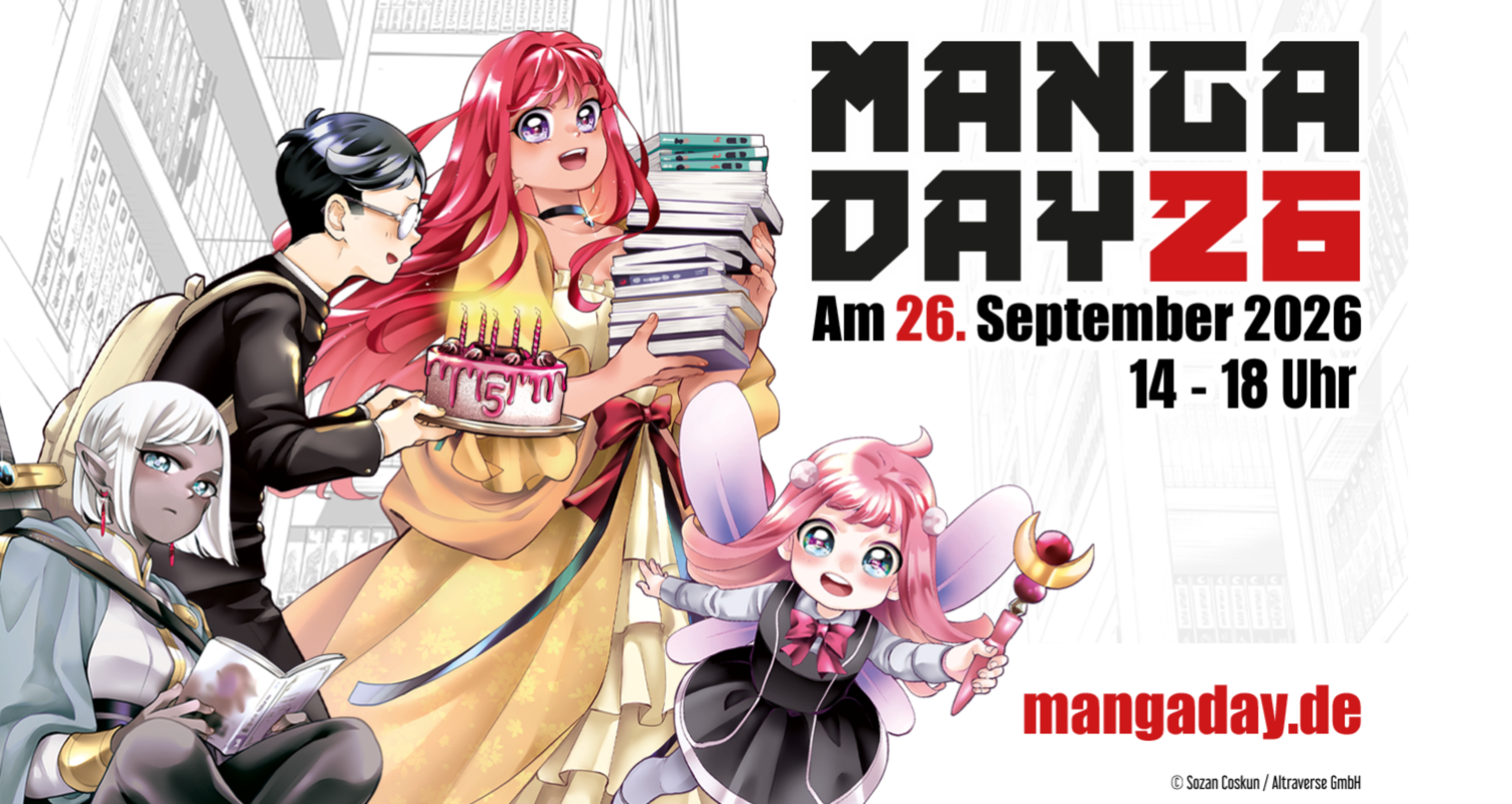 offizieller Header für den Manga Day 2026 mit vier Manga-Charakteren und einer Geburtstagstorte zum 5. Geburtstag