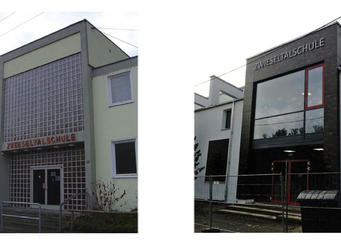  Vergleichsbild: Haupteingang der Zwieseltalschule vor und nach der Sanierung.
