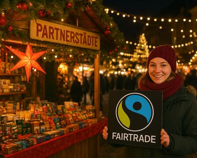 Weihnachtsmarkt mit Buden im Hintergrund und weihnachtlicher Beleuchtung