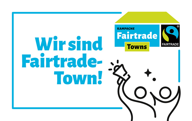 Illustration Wir sind Fairtrade-Town mit grün-blauem Logo