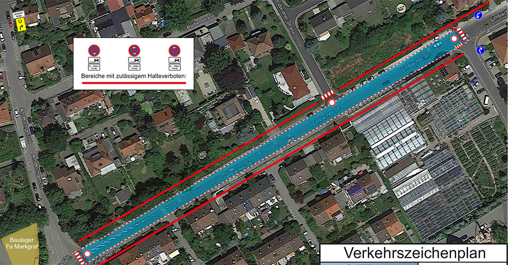 Der Abschnitt (hellblaue Markierung) der Limbacher Straße, der von der Baumaßnahme betroffen ist.