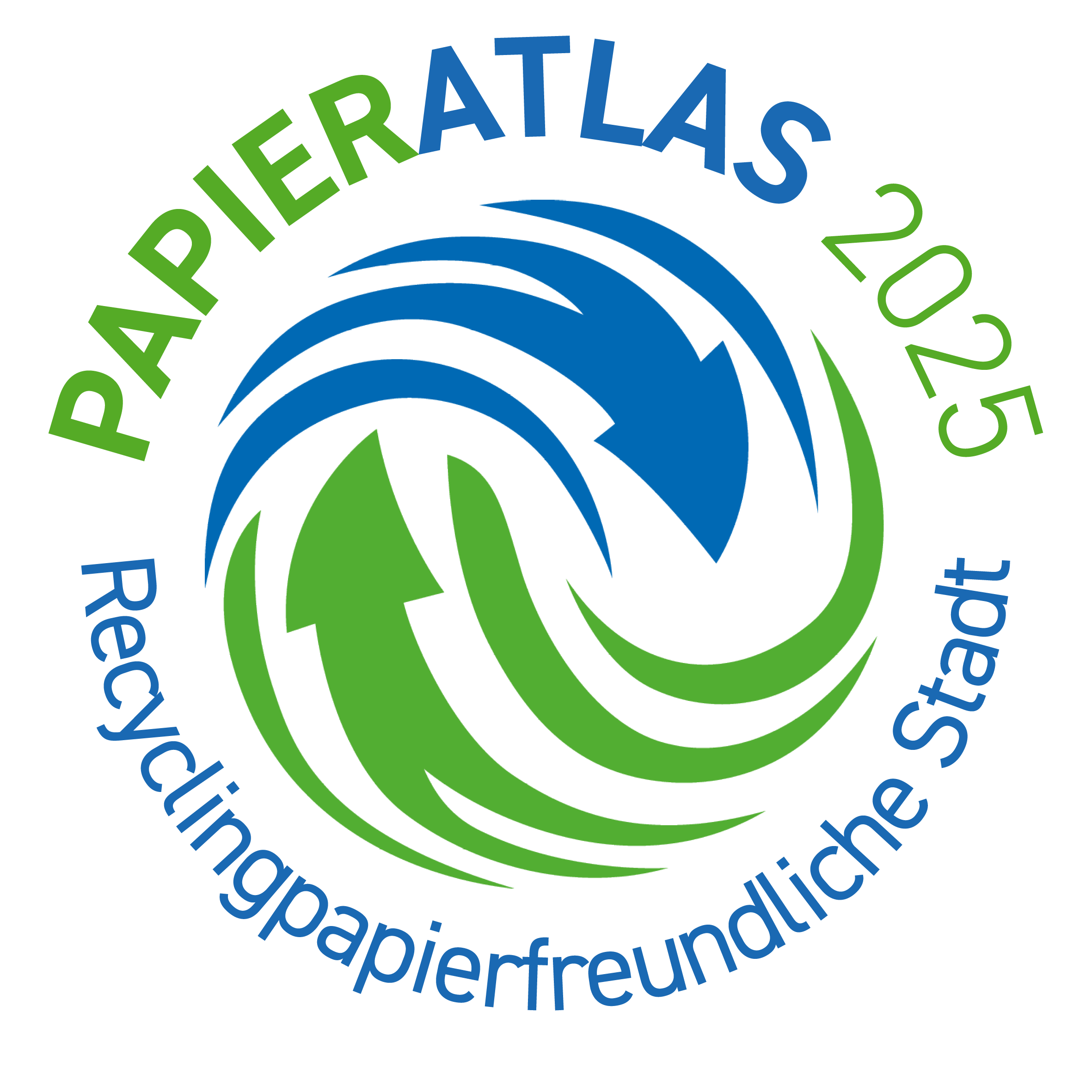 Grüner und blauer Recyclingpfeil kreisförmig angeordnet, umgeben von Text 'PAPIERATLAS 2025' oben und 'Recyclingpapierfreundliche Stadt' unten.