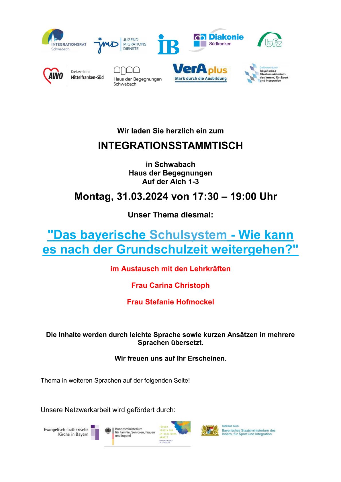 Einladung zum Integrationsstammtisch - "Das bayerische Schulsystem - Wie kann es nach der Grundschulzeit weitergehen?"