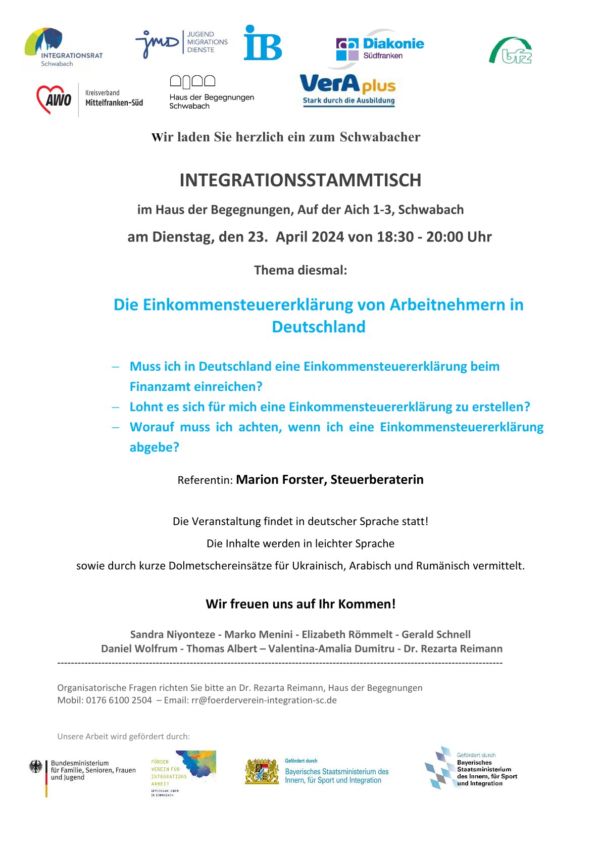 Einladung zum Integrationsstammtisch - "Die Einkommenssteuererklärung von Arbeitnehmern in Deutschland"