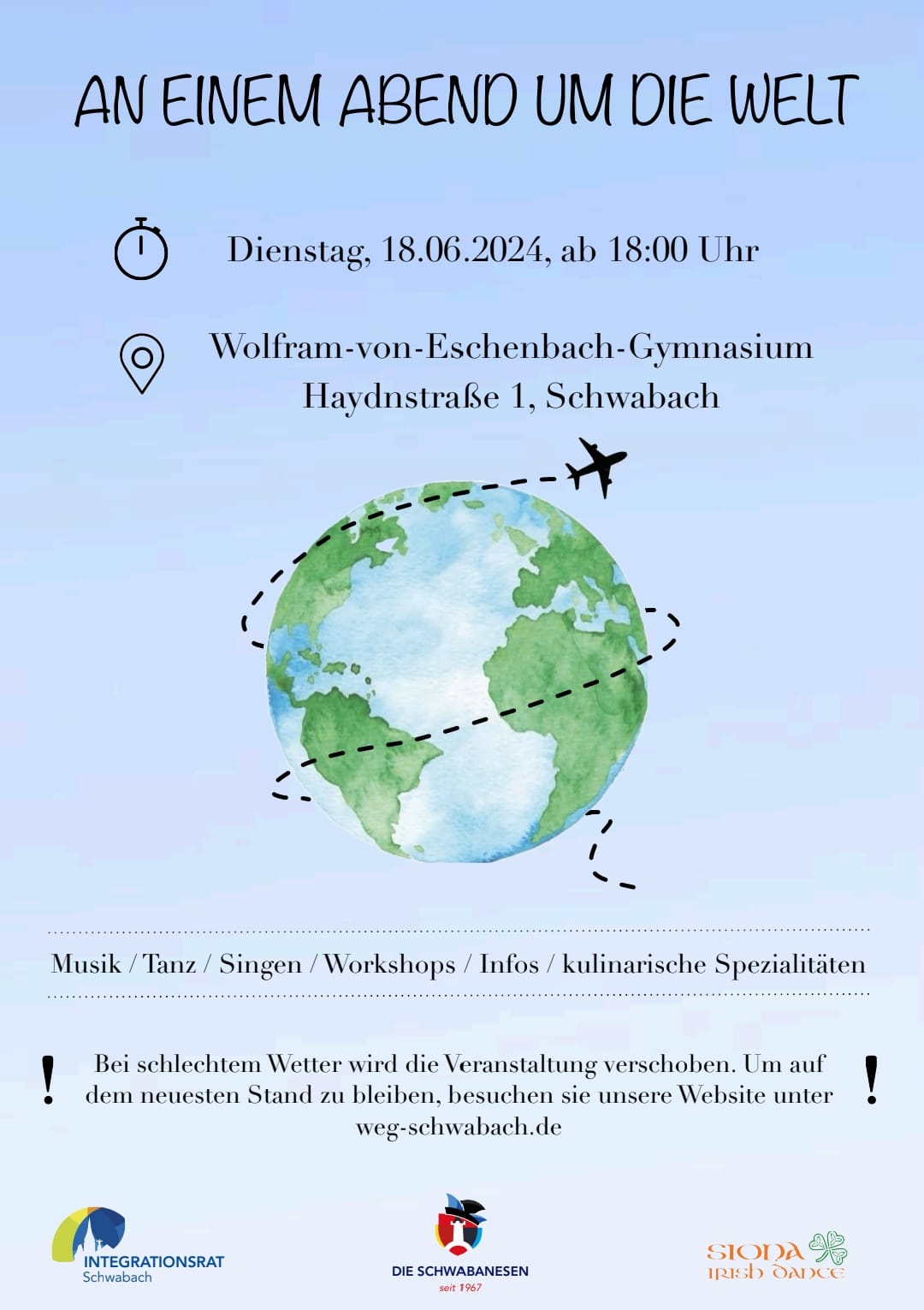 Einladung zur Veranstaltung am Wolfram-von-Eschenbach-Gymnasium zum Thema "an einem Abend um die Welt"