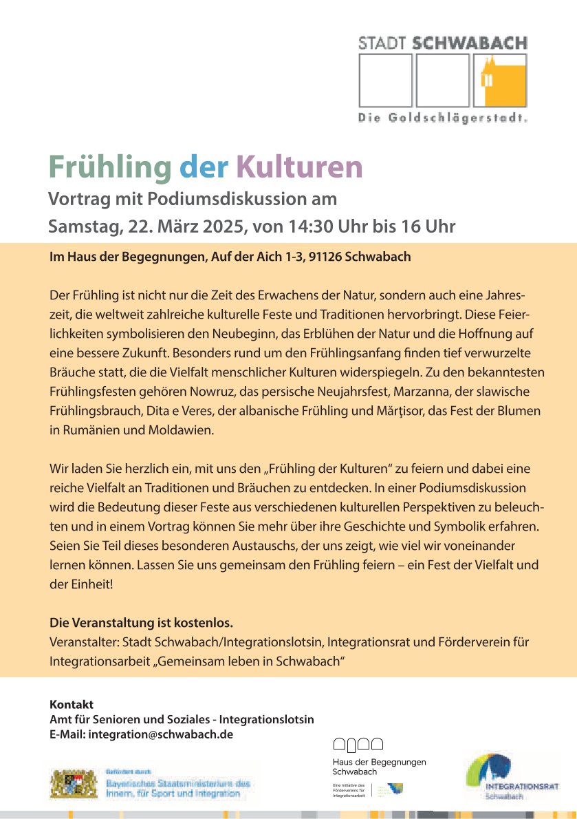 Einladung zum Vortrag mit Podiumsdiskussion - Frühling der Kulturen