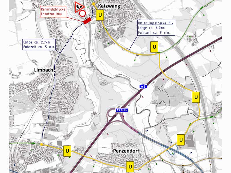 Umleitung zur Baustelle Rennmühlbrücke in Katzwang