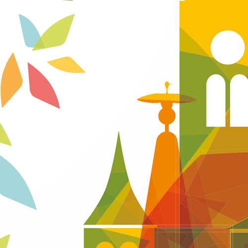 Eine bunter Grafik mit Teilen von einer Kirche, einem Brunenn und einem Rathausdach sowie bunte Elemente in der linken Ecke
