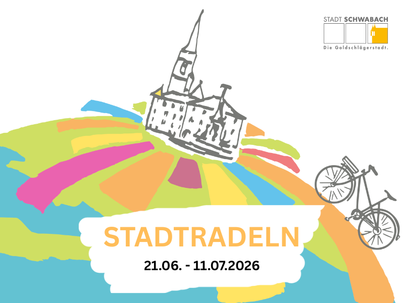 Bild mit Rathaus, Brunnen und Fahrrad und Termin für Stadtradeln 2026