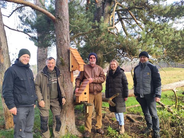 Ein Gruppe von Menschen, die einen Nistkaten an einem Baum anbringt.