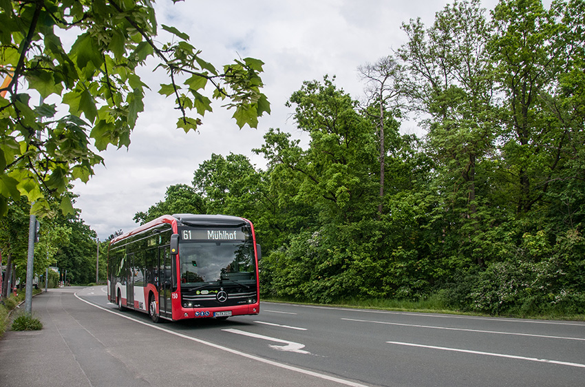 Roter Linienbus der Linie 61 fährt auf einer Straße neben einem Gehweg mit Bäumen und Sträuchern bei bewölktem Himmel